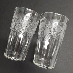 Pair of Antique Etched Juice Glasses With Floral and Arch Design 4oz Clear